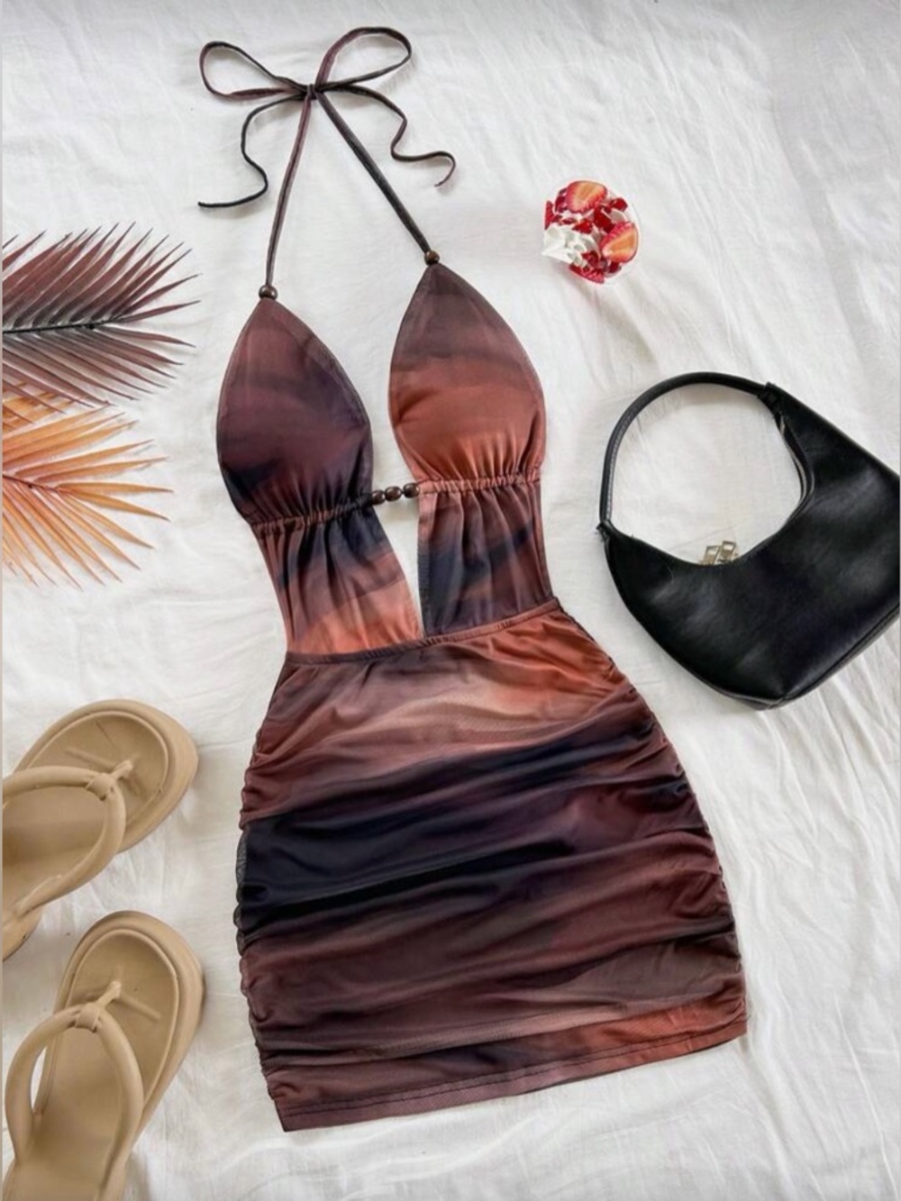 SHEIN Abstract Halter Tie Back Mini Dress